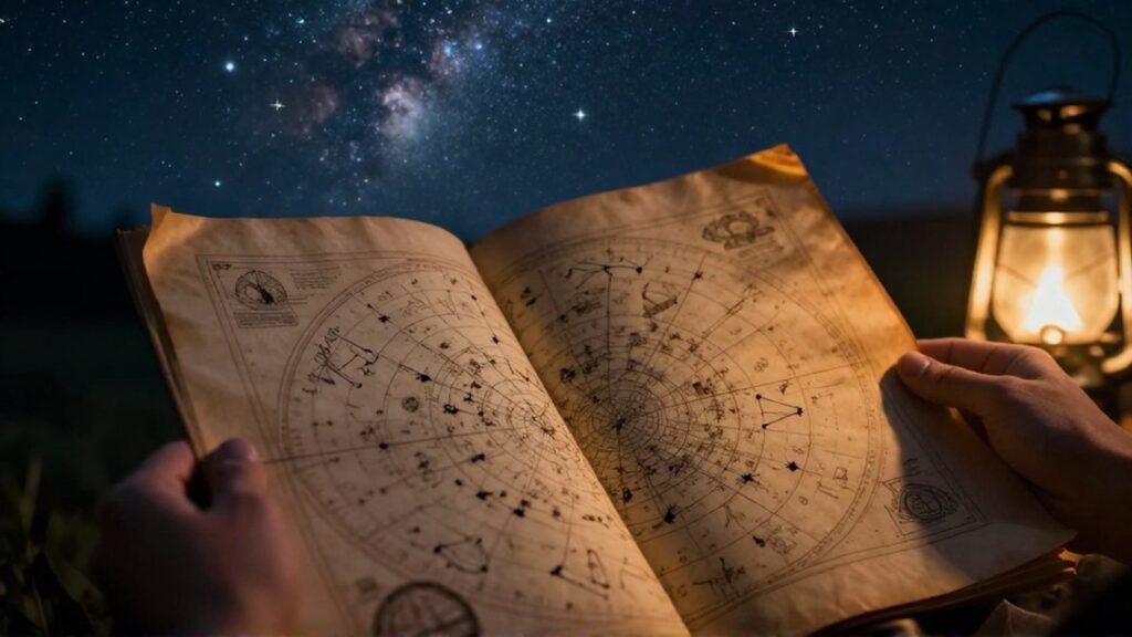 Manos sosteniendo un mapa estelar antiguo sobre pergamino bajo un cielo nocturno estrellado.