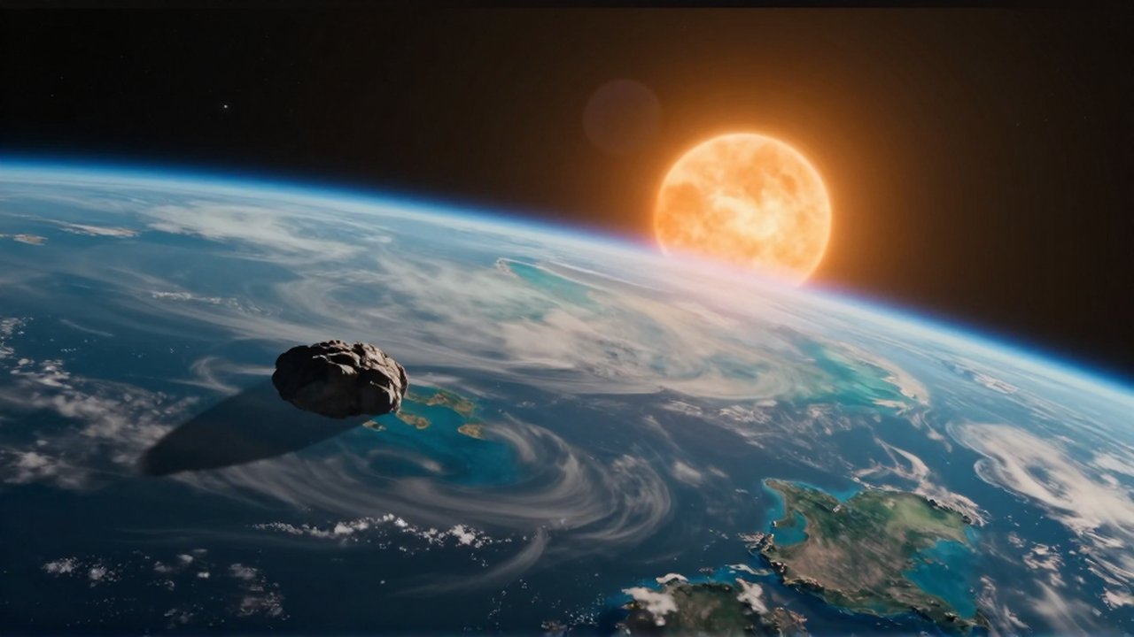 Exoplaneta rocoso con océanos y continentes verdes bajo la luz cálida de una estrella naranja.