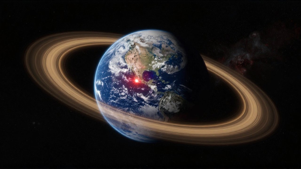 Exoplaneta rocoso con océanos azules orbitando una estrella enana roja rodeada por una zona habitable dorada.