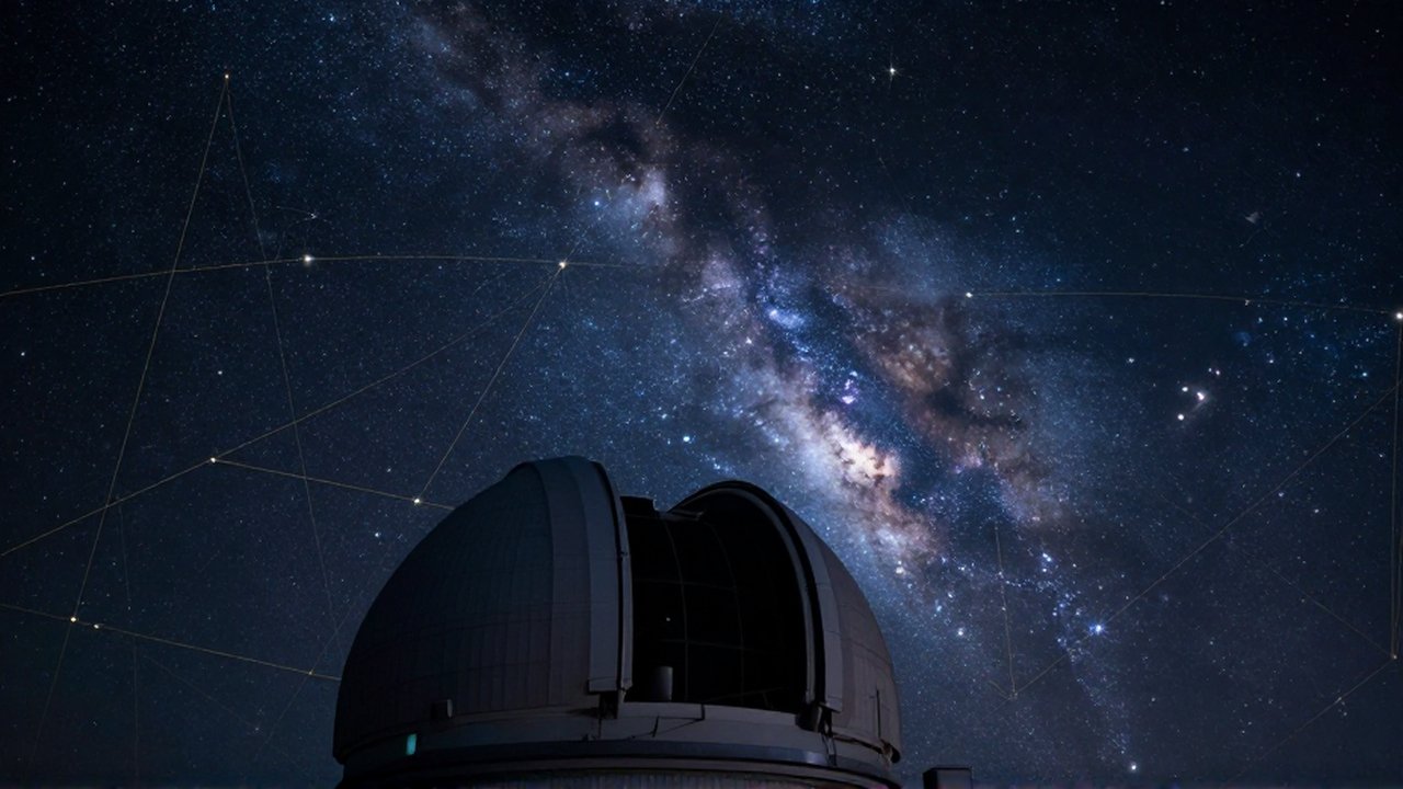 Observatorio moderno bajo un cielo nocturno estrellado con constelaciones y líneas de coordenadas celestes.