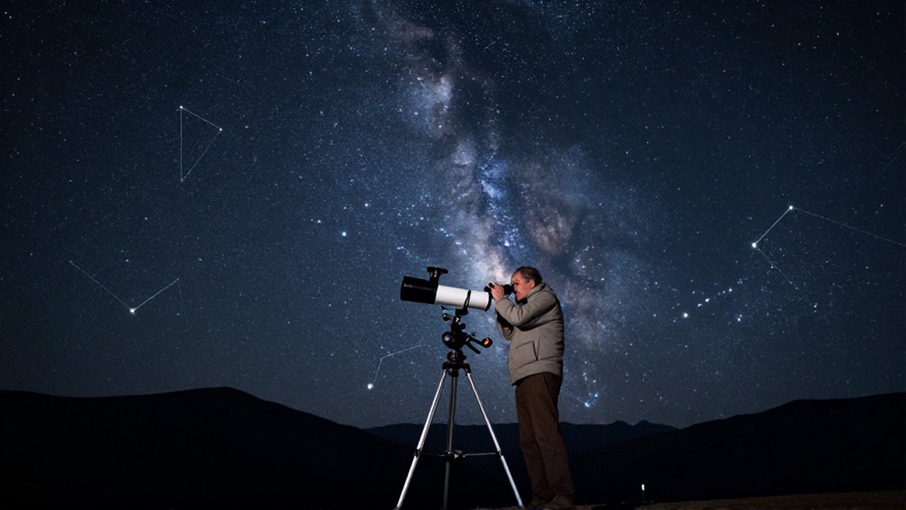 Astrónomo observando el cielo estrellado con un telescopio profesional desde una montaña bajo la Vía Láctea.