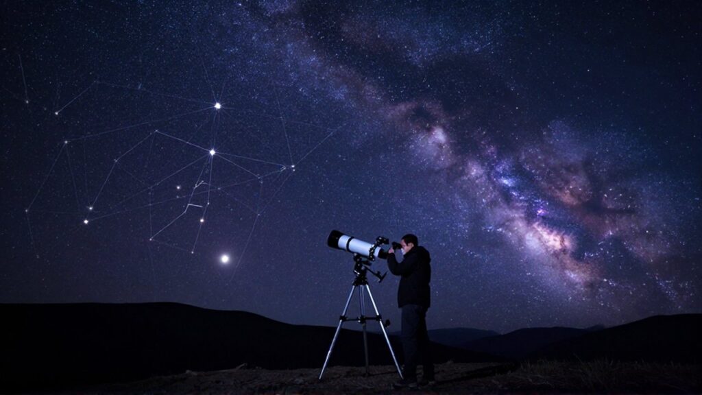 Astrónomo observando un cielo nocturno estrellado con constelaciones marcadas desde una montaña.