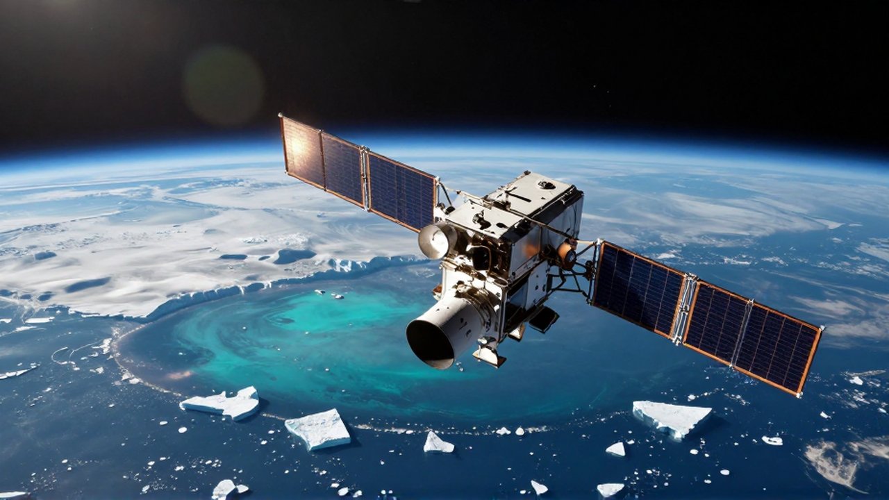 Satélite meteorológico orbitando la Tierra sobre los glaciares árticos en proceso de deshielo.