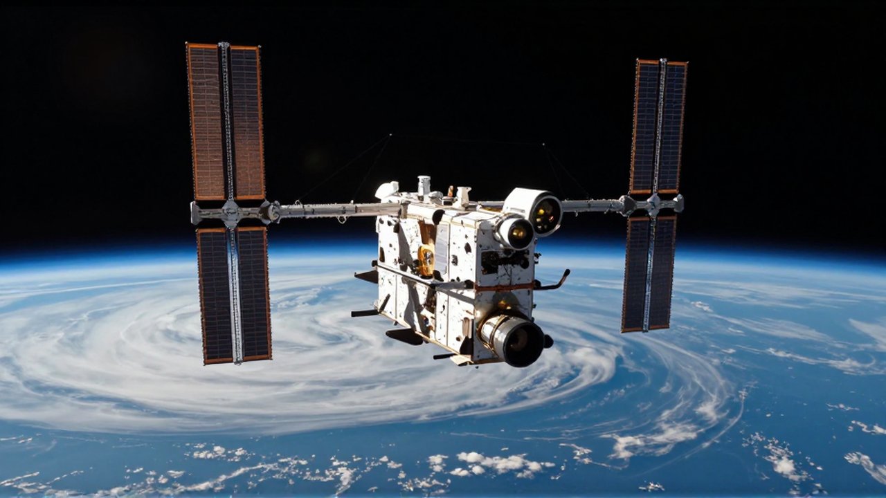 Satélite de observación terrestre con paneles solares orbitando sobre la atmósfera y los océanos de la Tierra.