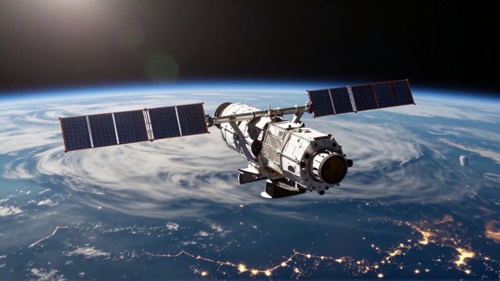 Satélite de monitoreo climático con paneles solares orbitando sobre la Tierra con luces de ciudades visibles.