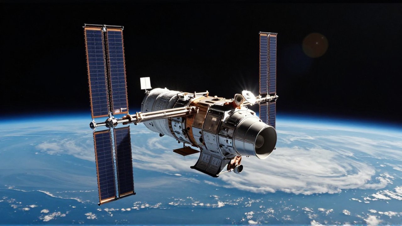 Satélite de comunicaciones con paneles solares brillantes orbitando sobre el horizonte de la Tierra.