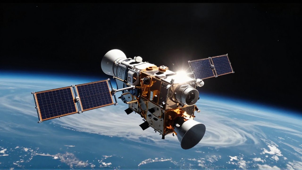 Satélite de comunicaciones con paneles solares brillantes orbitando sobre la curvatura de la Tierra.