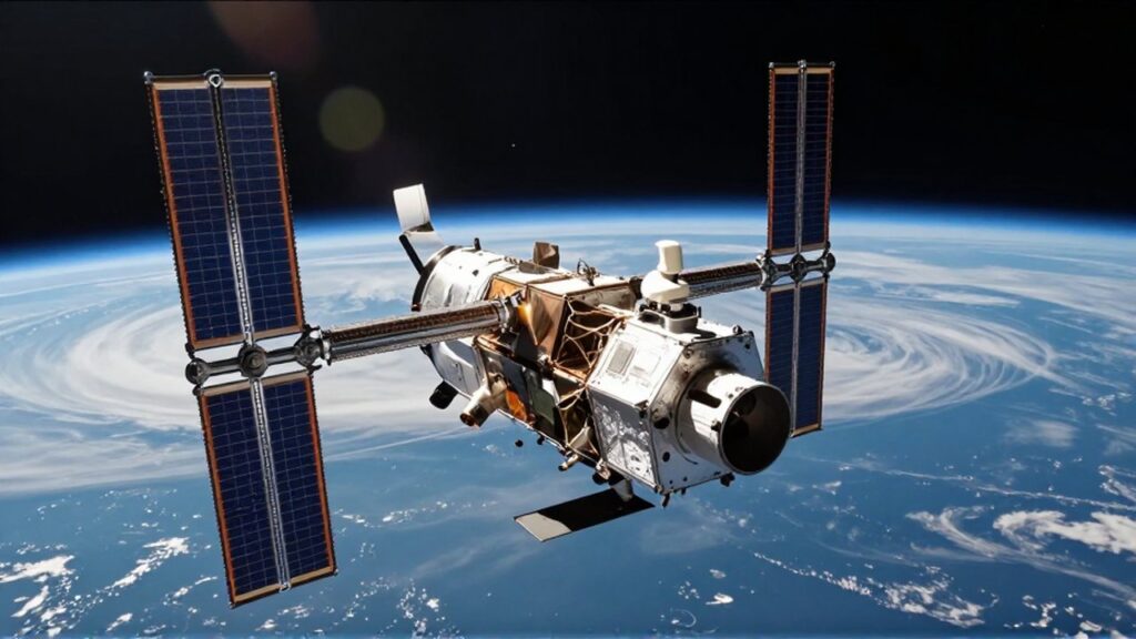Satélite de comunicaciones con paneles solares orbitando sobre la curvatura de la Tierra.