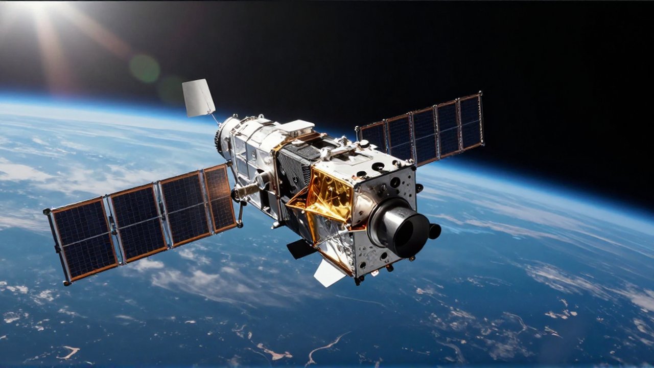 Satélite de comunicaciones con paneles solares brillantes orbitando la curvatura de la Tierra.