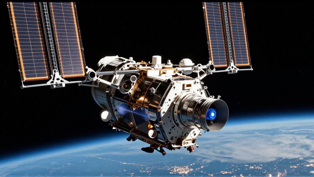 Satélite de comunicaciones con paneles solares orbitando sobre la curvatura de la Tierra iluminada.