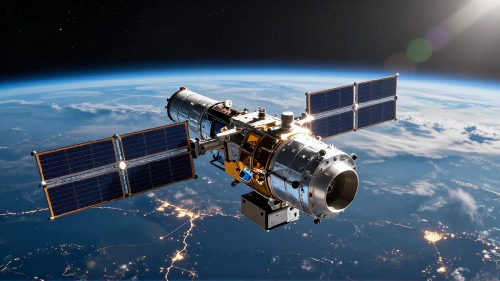 Satélite de comunicaciones con paneles solares orbitando sobre el horizonte terrestre y luces de ciudades.