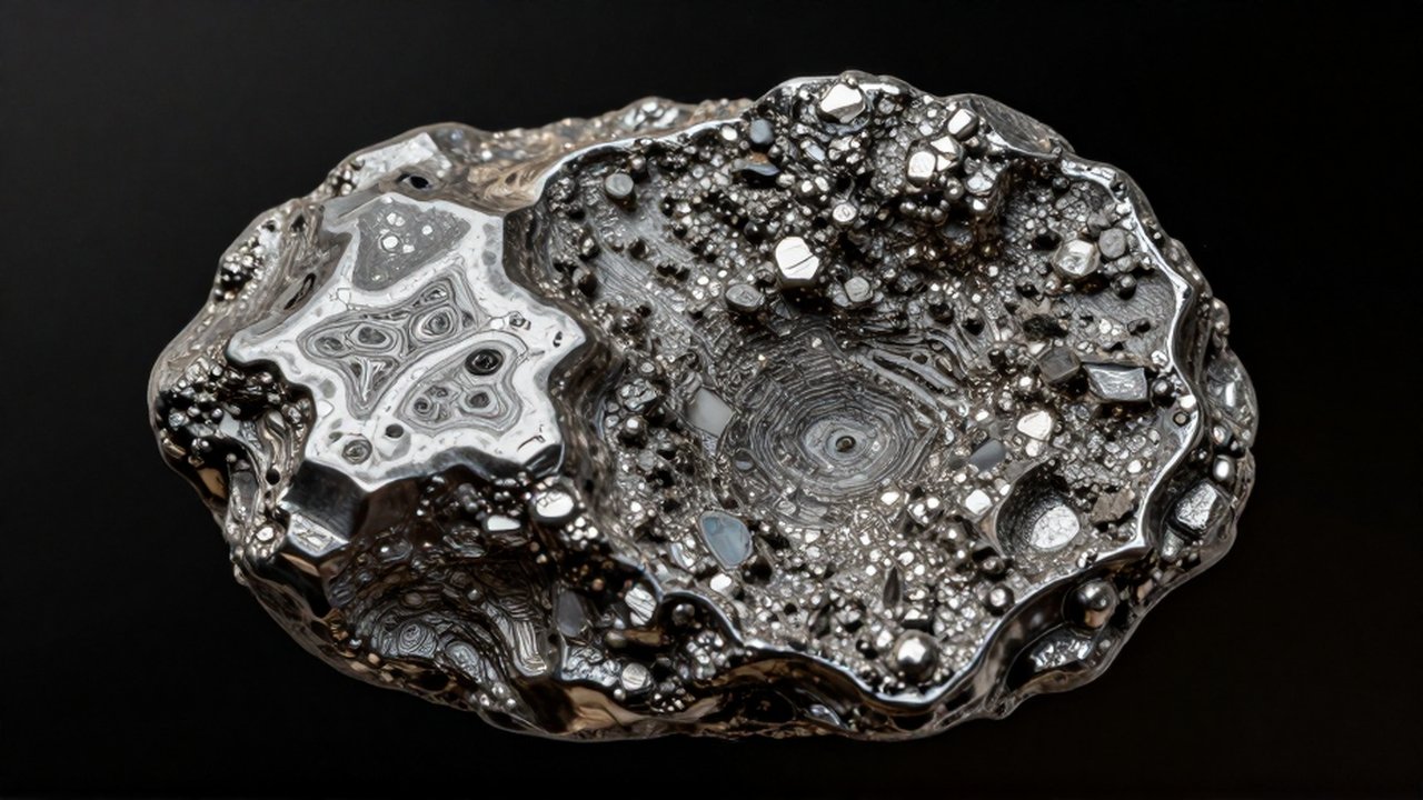 Sección transversal de un meteorito con patrones cristalinos metálicos sobre un fondo espacial oscuro.
