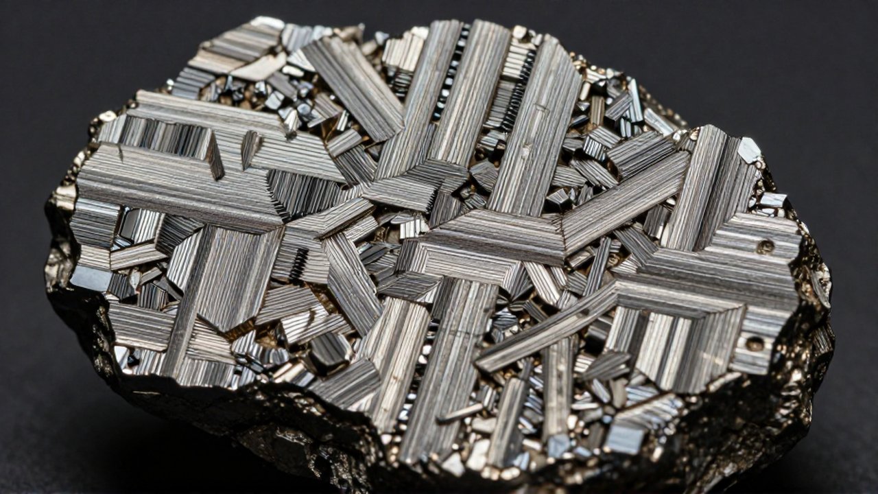 Primer plano de un patrón de Widmanstätten en el corte transversal de un meteorito metálico.