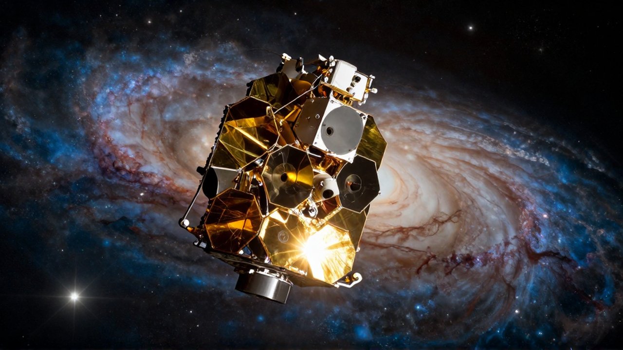 El telescopio espacial James Webb flota en el espacio frente a una galaxia espiral brillante.