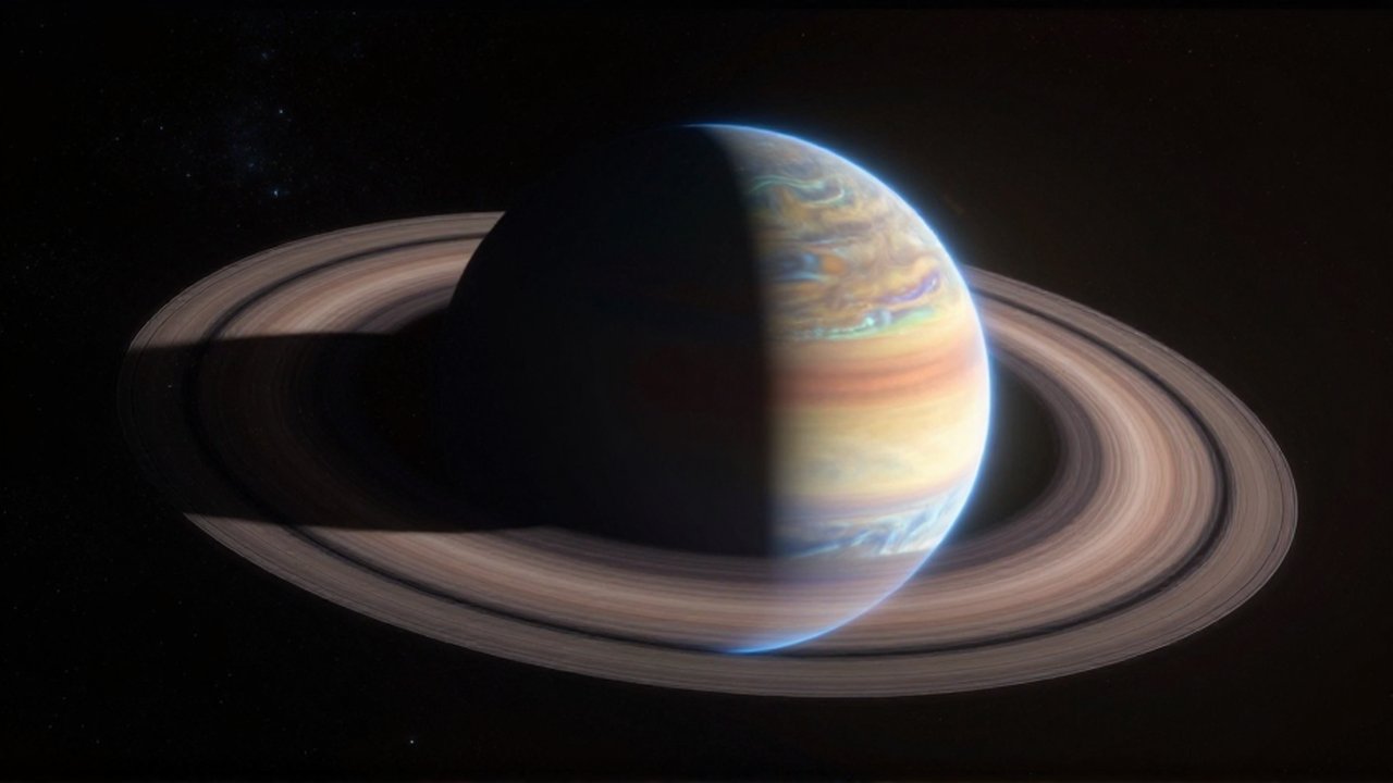 Exoplaneta lejano con atmósferas de gas brillante y anillos rodeado por la inmensidad del espacio.