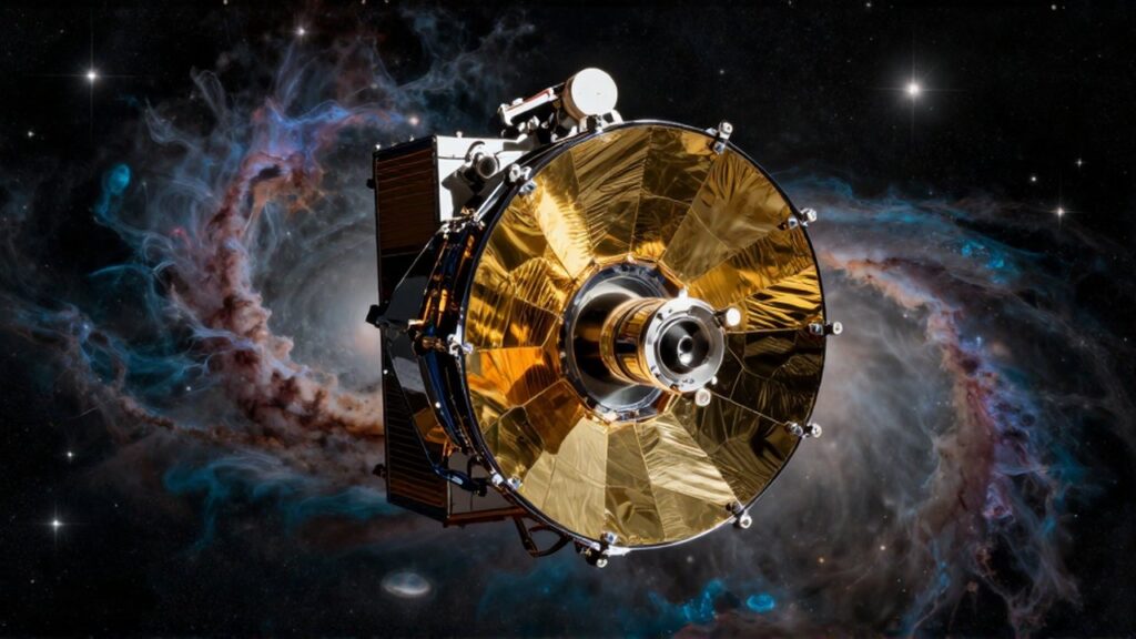 Telescopio espacial James Webb con sus espejos dorados ante una colorida nebulosa y galaxias lejanas.