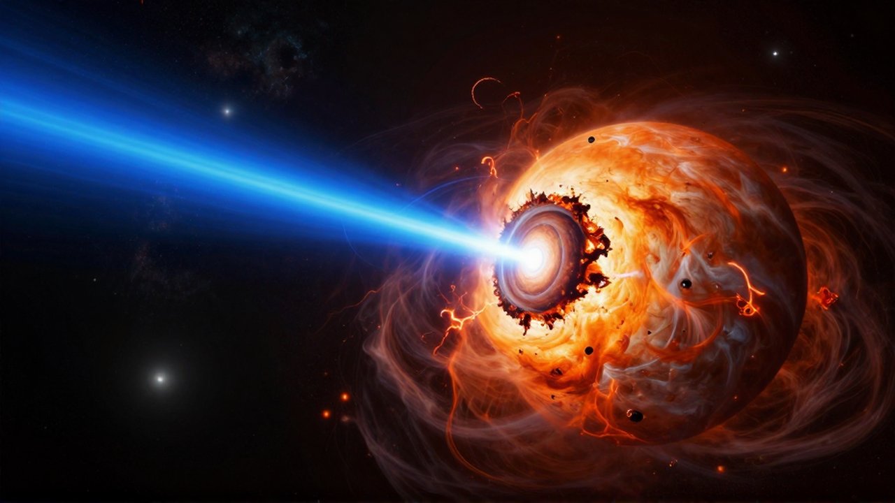 Un púlsar azul emite rayos intensos mientras succiona gas de una gigante naranja en desintegración.