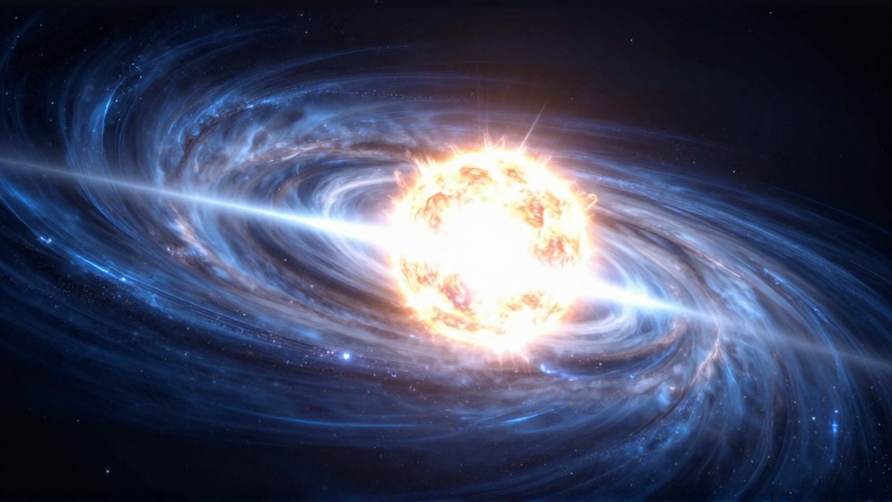 Colisión cósmica entre un púlsar y una estrella con chorros de radiación y plasma brillante.