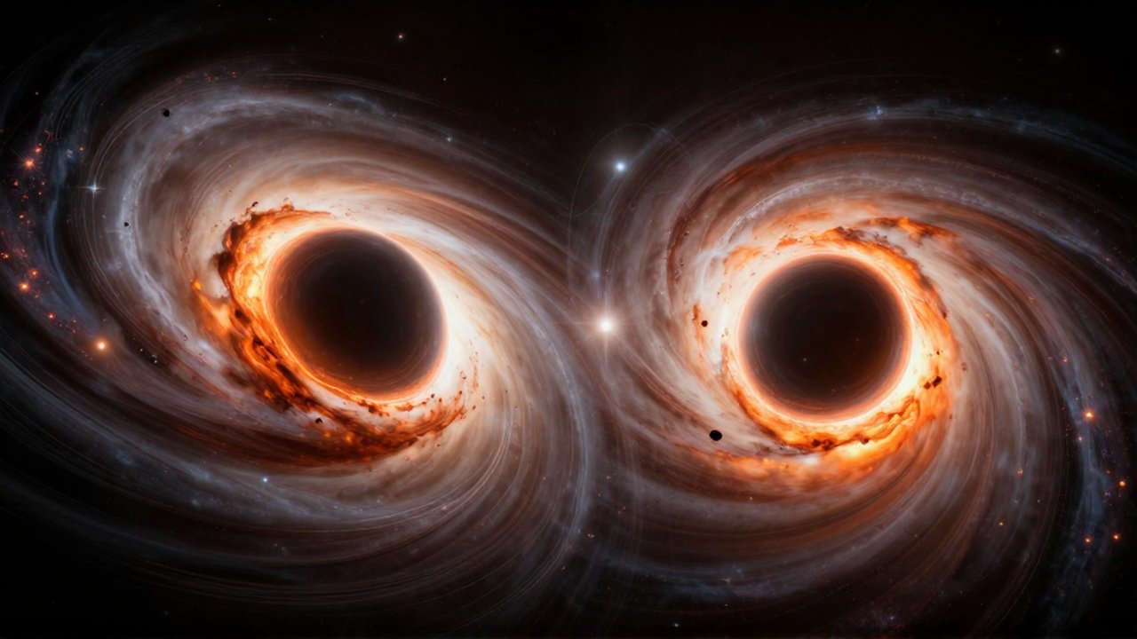 Dos agujeros negros colisionan en el espacio profundo rodeados de discos de plasma brillante.