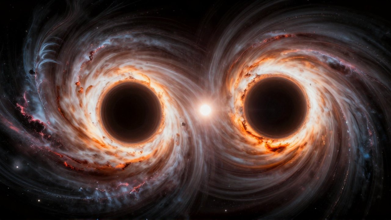 Colisión de dos agujeros negros con discos de plasma brillante y distorsión de la luz estelar.