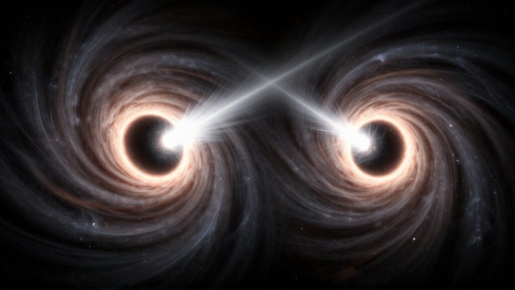 Dos agujeros negros masivos colisionan en el espacio profundo rodeados de discos de acreción brillantes.