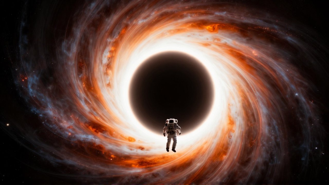 Un astronauta solitario cuya silueta se estira mientras cae hacia el horizonte de sucesos de un agujero negro brillante.