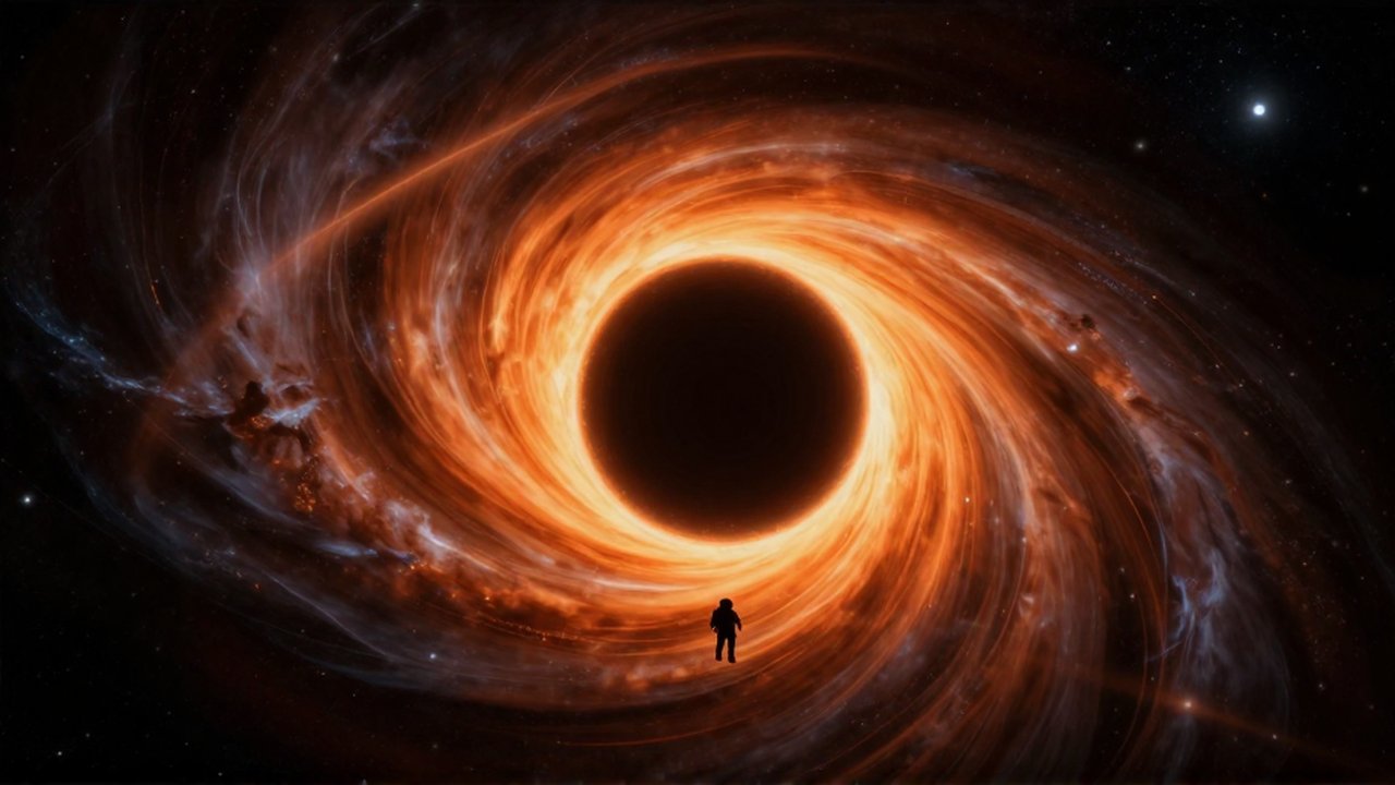 Un astronauto solitario flota frente a un gigantesco agujero negro con un brillante disco de acreción naranja.