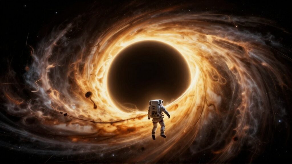 Astronauta solitario flotando frente a un agujero negro rodeado por un disco de plasma brillante.