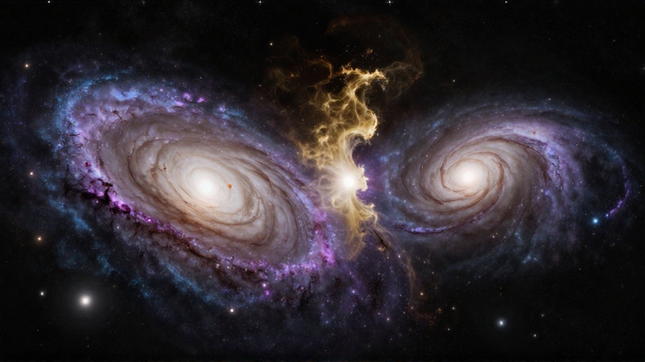 Colisión masiva entre las galaxias de la Vía Láctea y Andrómeda con brillantes núcleos entrelazados.