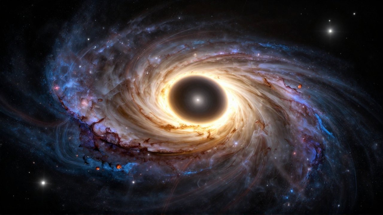 Agujero negro supermasivo con un disco de acreción dorado en el centro de una galaxia espiral.