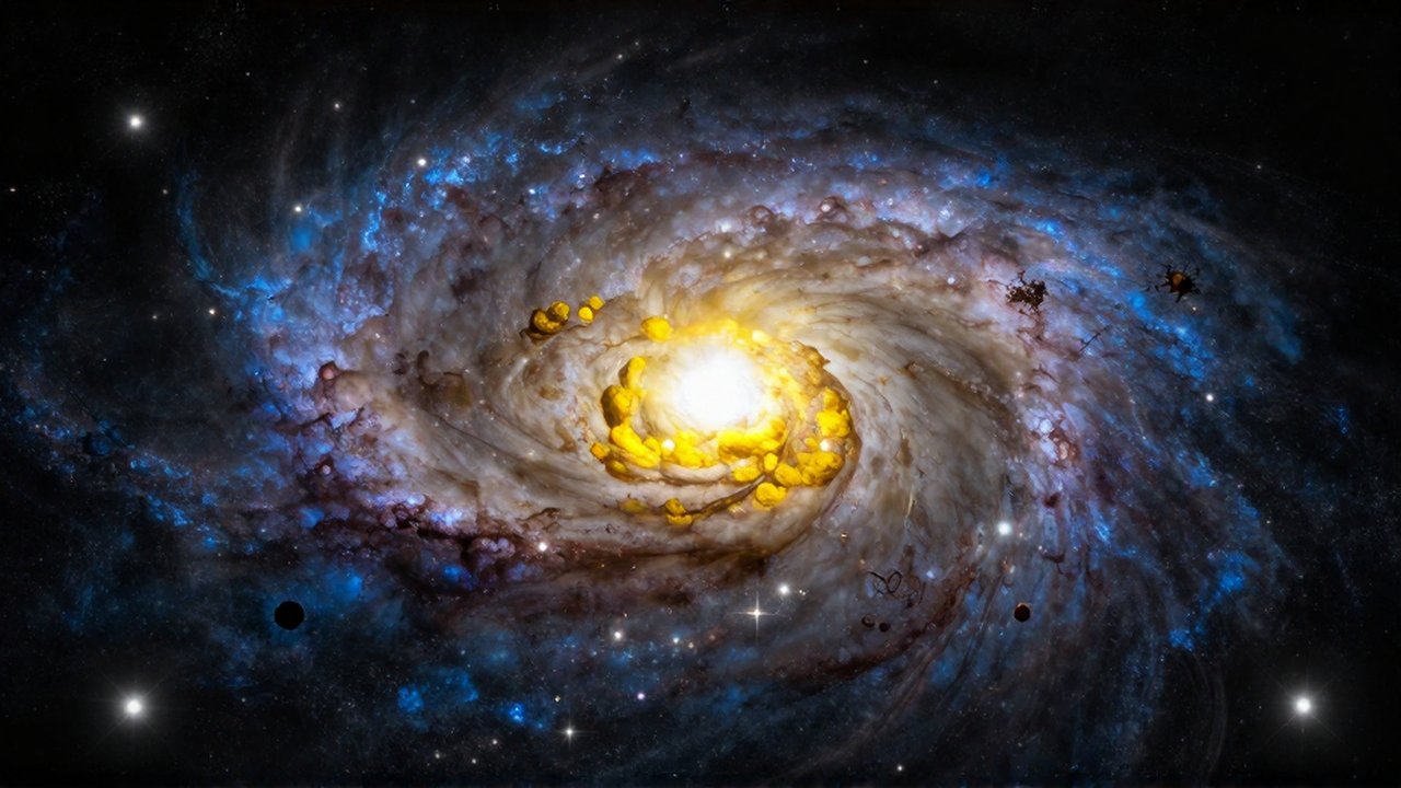 Galaxia espiral majestuosa con un núcleo brillante y brazos de estrellas azules entre nubes de polvo cósmico.