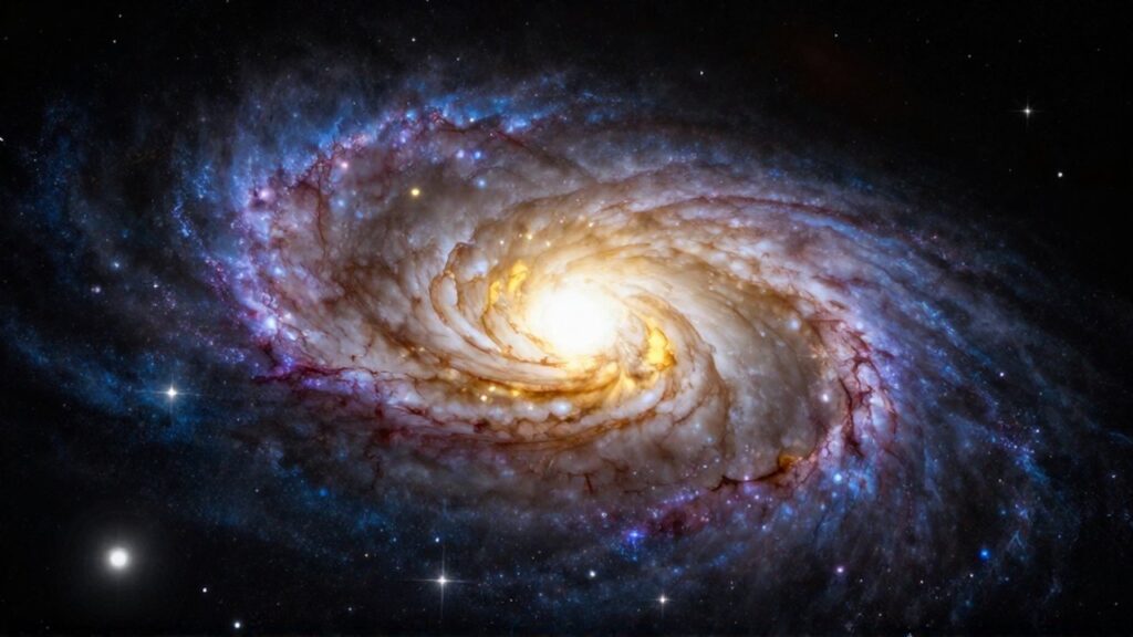 Galaxia espiral con un brillante agujero negro central rodeado de brazos de estrellas azules y violetas.