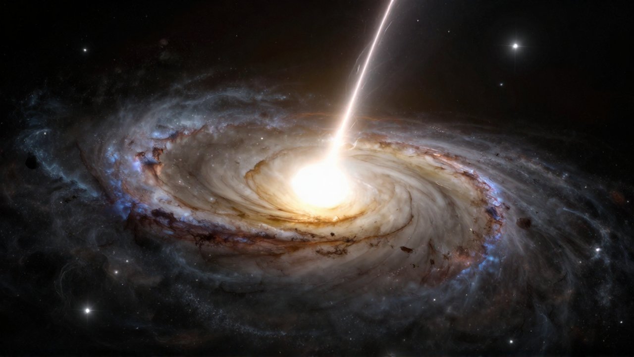Agujero negro supermasivo con un disco de acreción brillante y chorros de plasma en una galaxia elíptica.