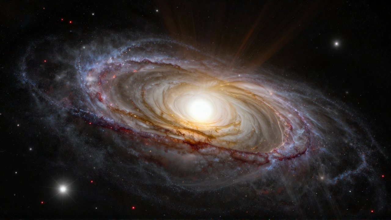 Agujero negro supermasivo con disco de plasma brillante rodeado por una densa galaxia de estrellas.