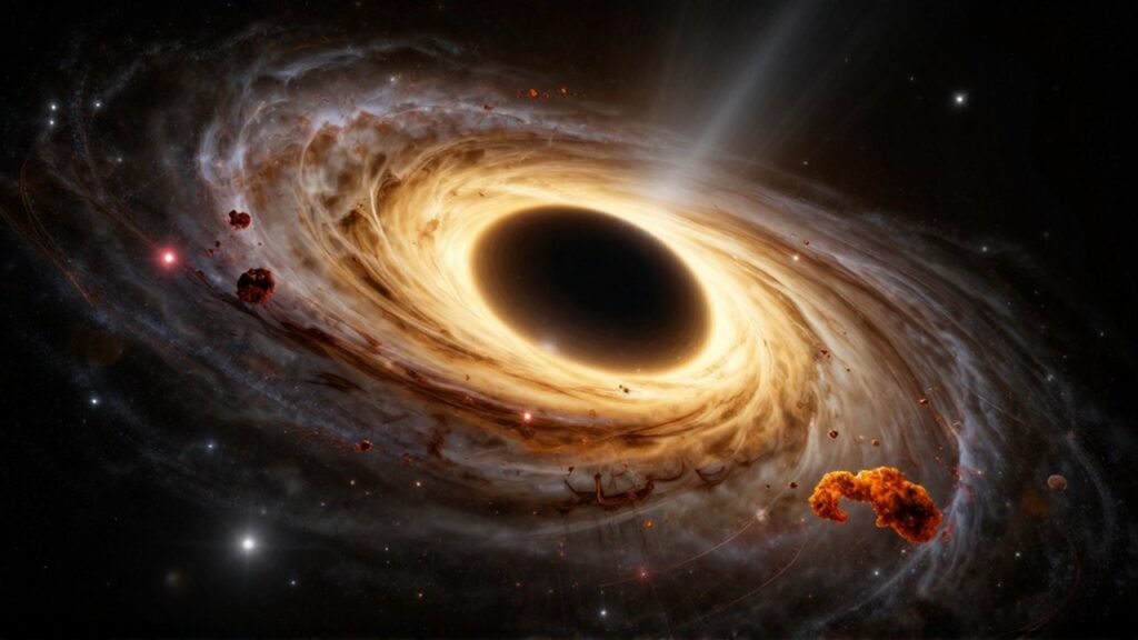 Un agujero negro supermasivo rodeado por un disco de acreción dorado y un halo de estrellas anaranjadas.