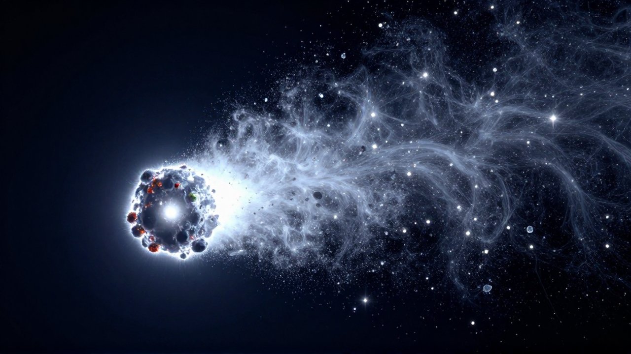 Núcleo de un cometa fragmentándose en partículas brillantes y una estela de polvo cósmico.