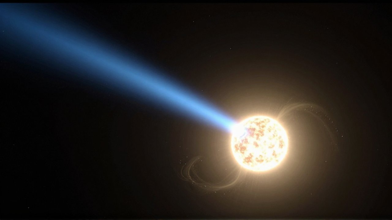 Cometa con núcleo brillante, una cola de gas azul y una estela de polvo amarillenta sobre el espacio.