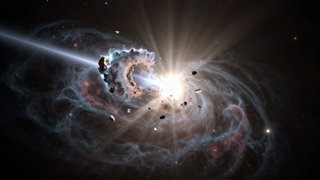 Cometa desintegrándose en el espacio profundo con fragmentos brillantes y largas estelas de luz.