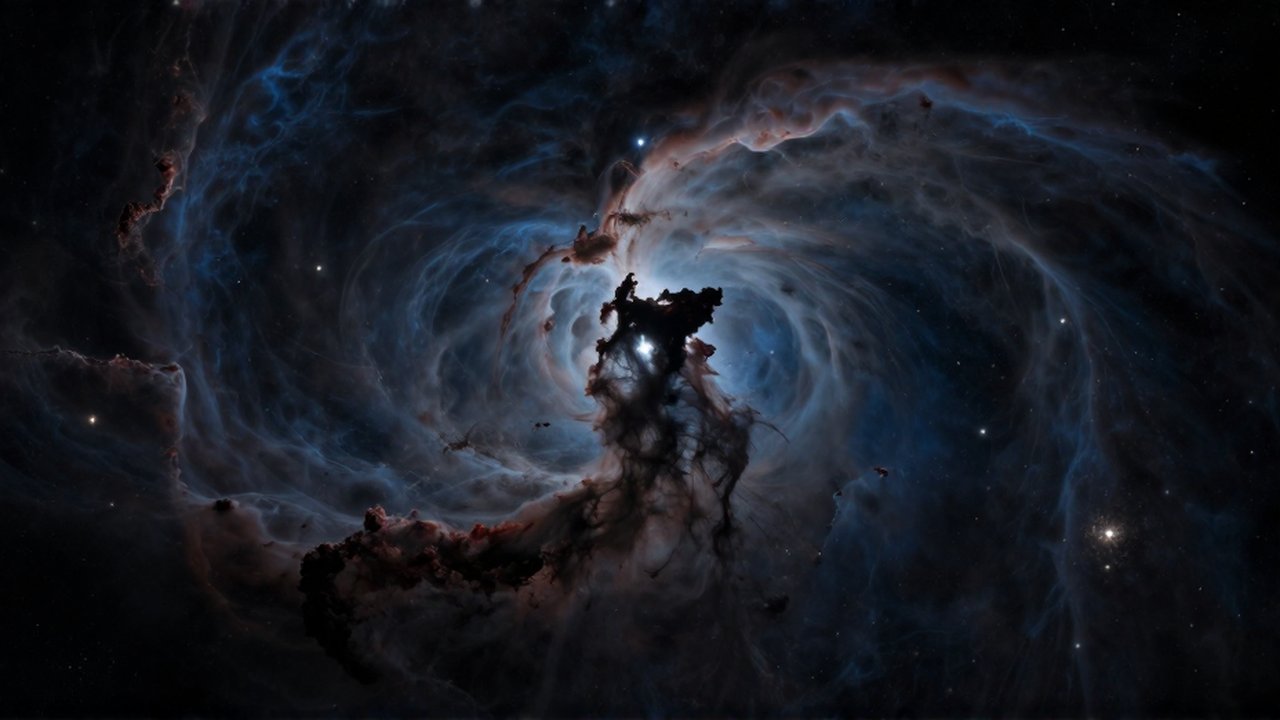 Vasta nebulosa oscura con densas nubes de polvo cósmico y destellos de estrellas lejanas.