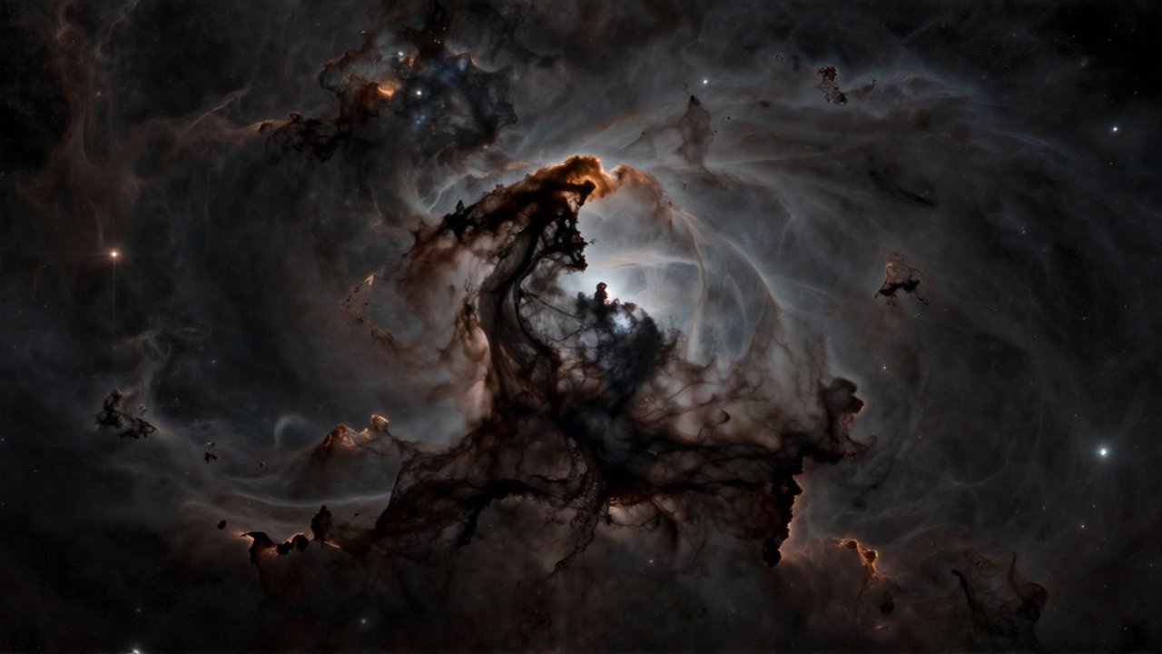 Nubes densas de polvo interestelar y gas molecular oscurecen el fondo estrellado en el espacio profundo.