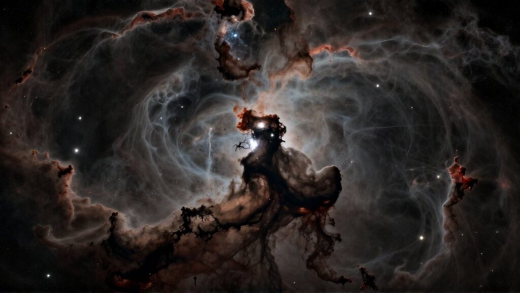 Nubes densas de polvo cósmico y gas interestelar se recortan contra un fondo de estrellas distantes.