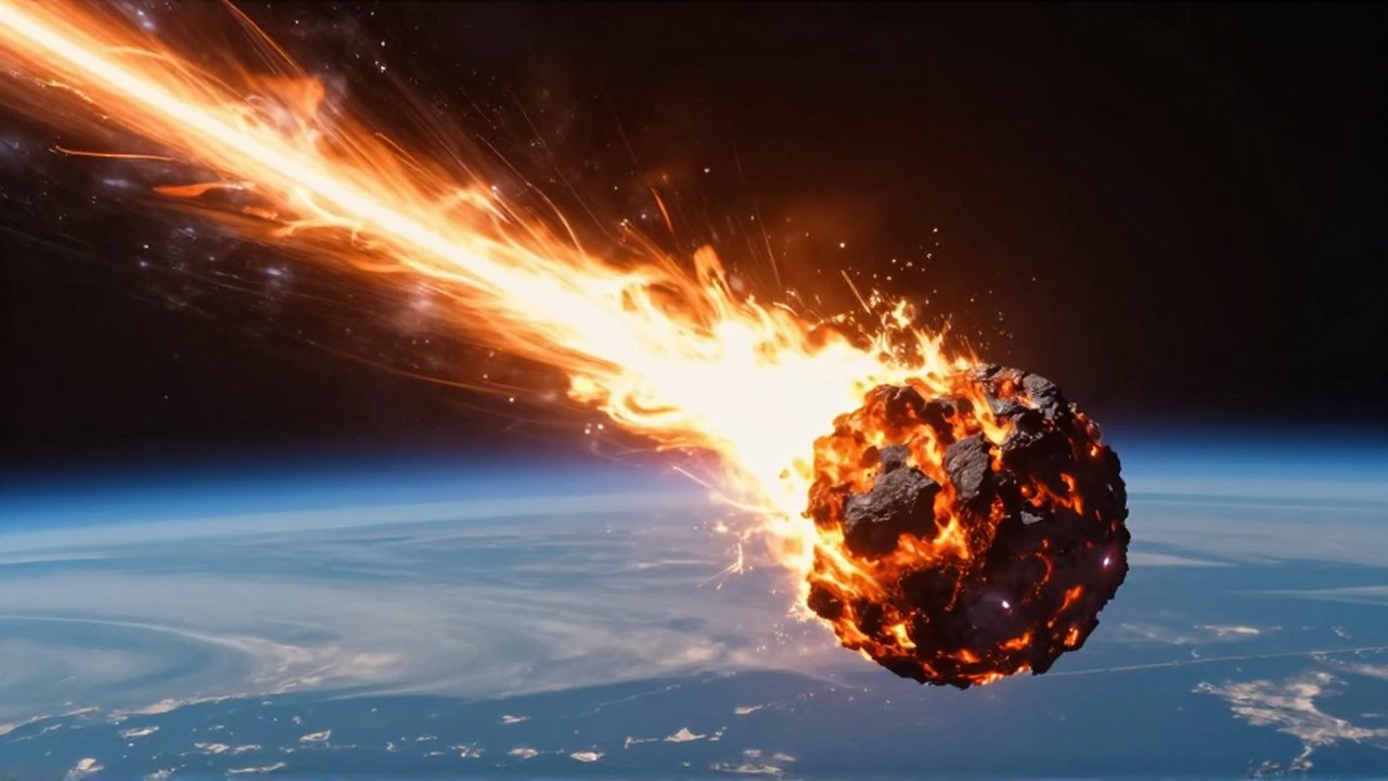 Gran meteoro de fuego cruzando la atmósfera con una estela de plasma sobre el horizonte terrestre.