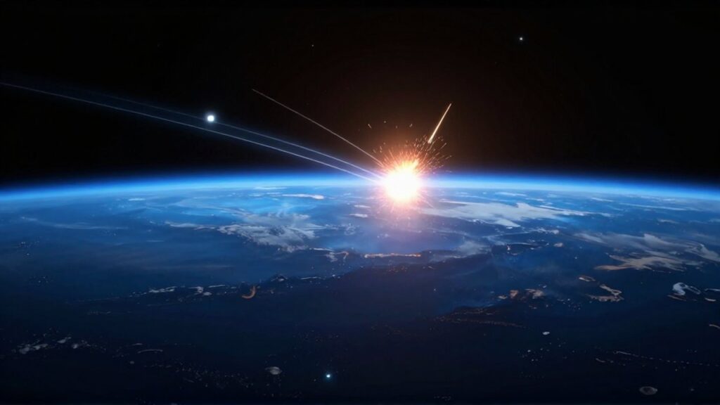 Meteoros brillantes cruzando la atmósfera azul de la Tierra sobre el vacío del espacio.