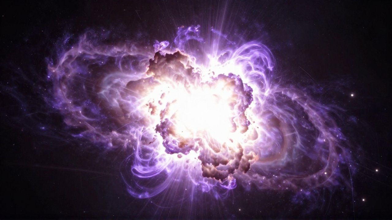 Explosión masiva de una supernova con ondas de choque brillantes y ráfagas de energía violeta en el espacio.