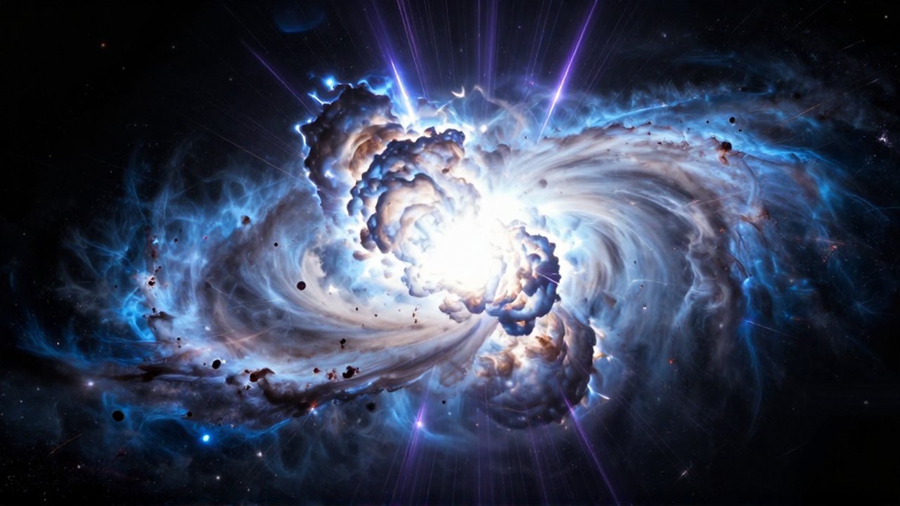 Explosión colosal de una supernova con ondas de choque de luz azul y violeta en el espacio profundo.