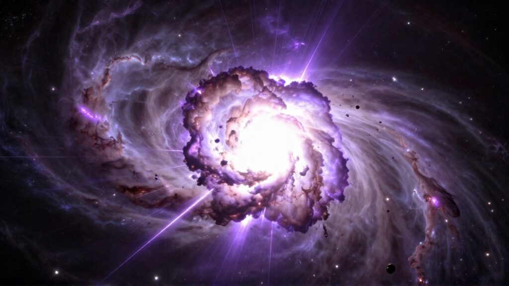 Explosión de una supernova con ondas de plasma violeta y luz brillante expandiéndose por el espacio.