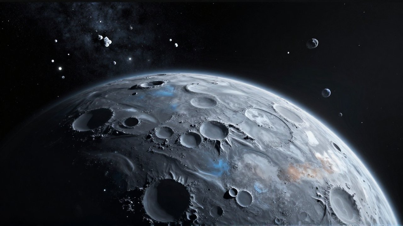 Planeta enano con superficie de hielo y cráteres rodeado de fragmentos rocosos en el espacio profundo.