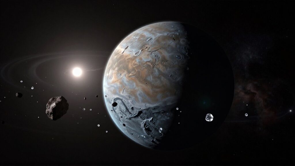 Planeta enano de superficie helada flotando en el Cinturón de Kuiper rodeado de fragmentos de asteroides.
