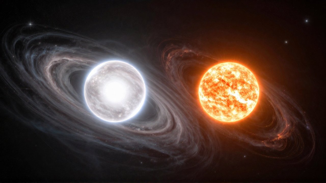 Sistema de estrellas binarias compuesto por una estrella blanca brillante y una enana naranja entre nubes de gas cósmico.
