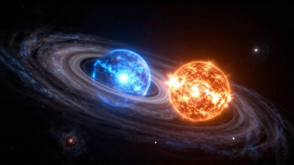 Sistema binario formado por una gigante azul y una enana naranja rodeadas de gas luminoso.